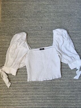 Express White Smocked Square-Neck Puff Sleeve Crop Top Sz XS